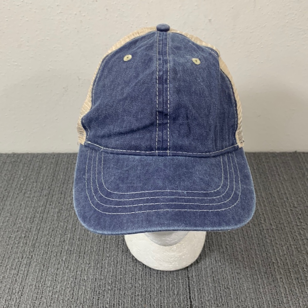 Time And Tru Trucker Hat Unisex OSFM Dark Navy Acid Wash Tan Mesh Back Snapback